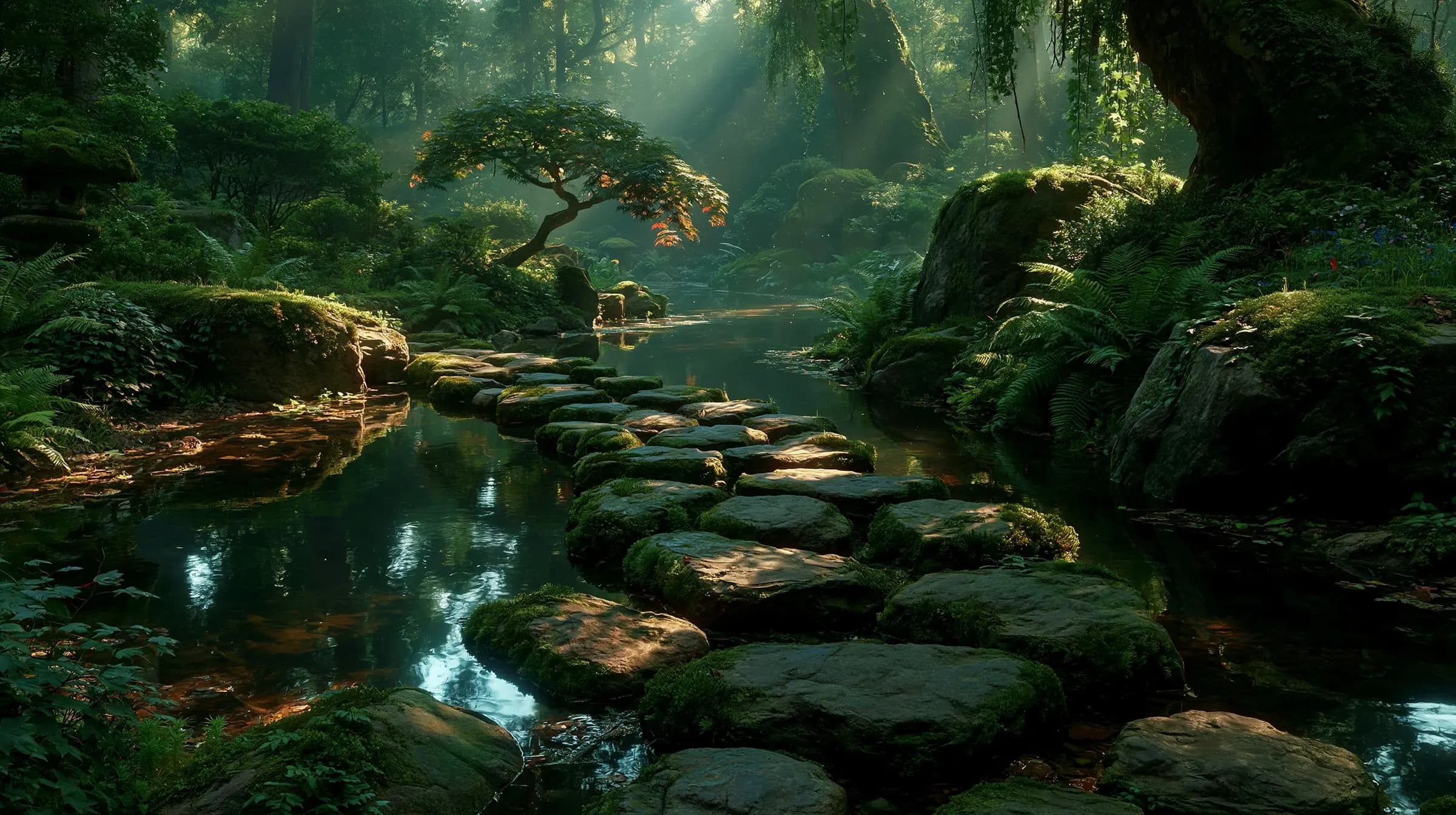 A quiet garden at golden morning, mossy stepping stones leading across still water